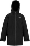 Zwarte kinderparka met capuchon en ritssluiting.