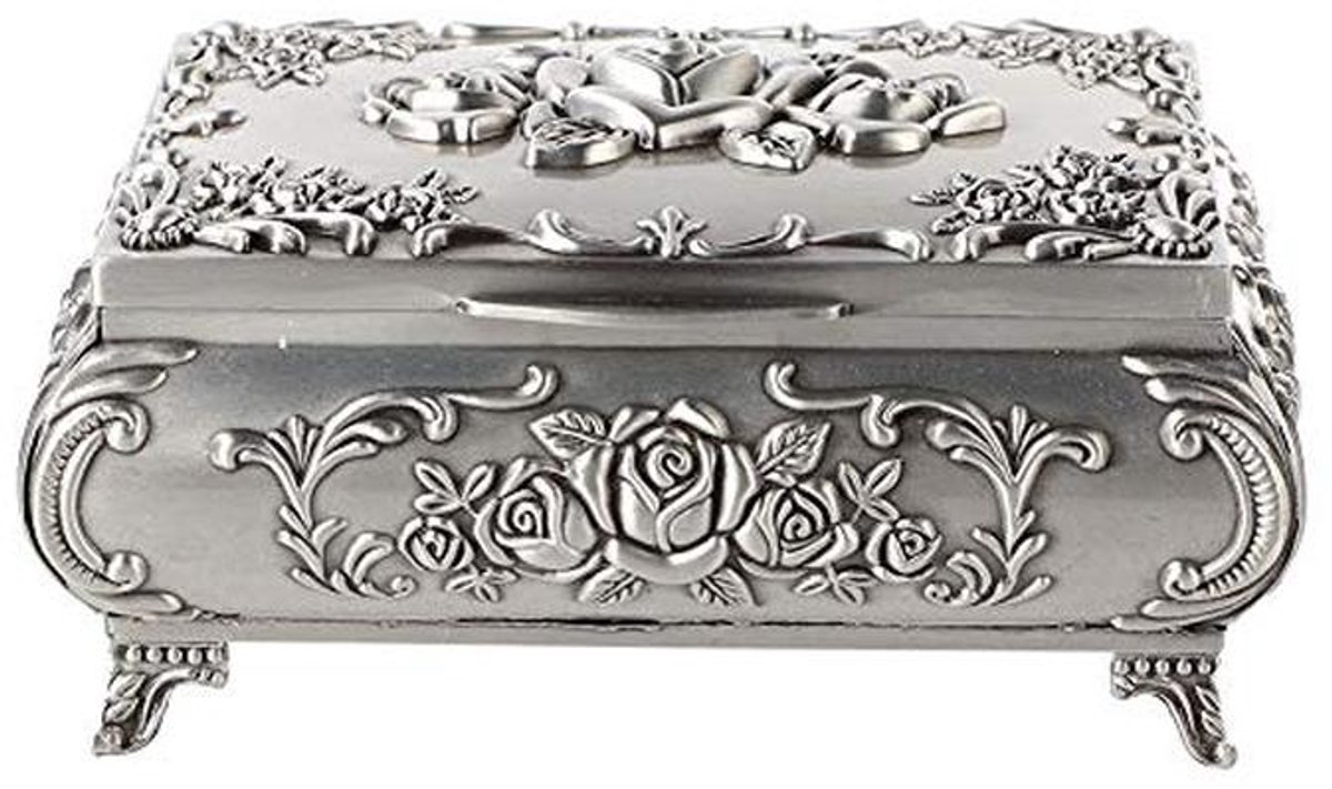 Vintage Luxe Rose Carving Metalen Sieraden Doos - Antiek Zilver
