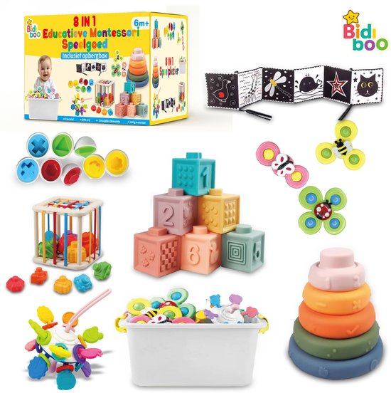 Jouets Éducatif Montessori 6 en 1 pour bébé avec Opbergbox XXL – Jouets dès 6 mois avec boîte de rangement