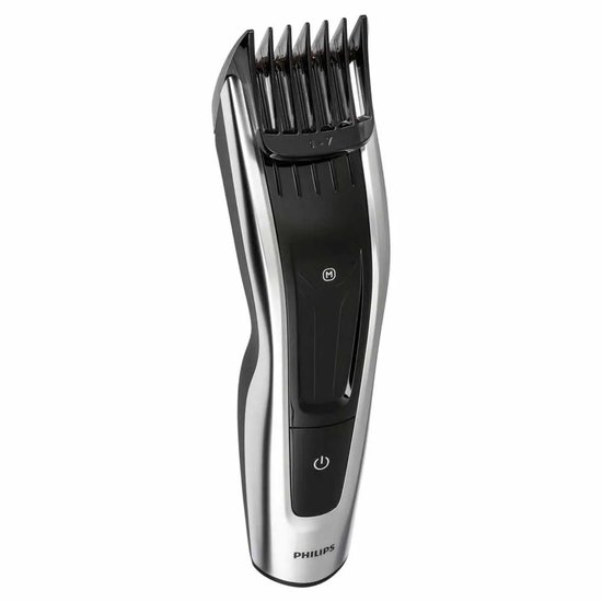 Zilverkleurige Philips tondeuse met zwart detail en display.