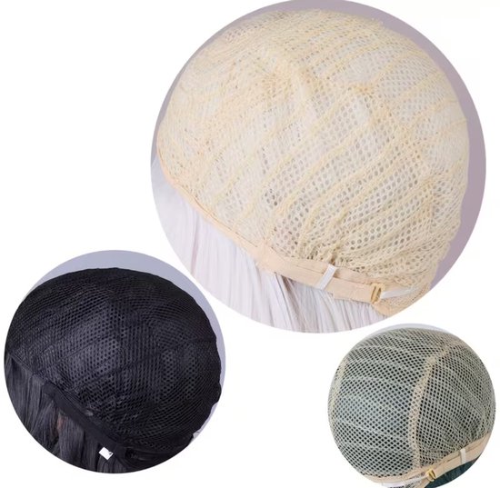 Netten van een pruikbasis in beige en zwart, getoond in cirkelvormige inzetstukken.