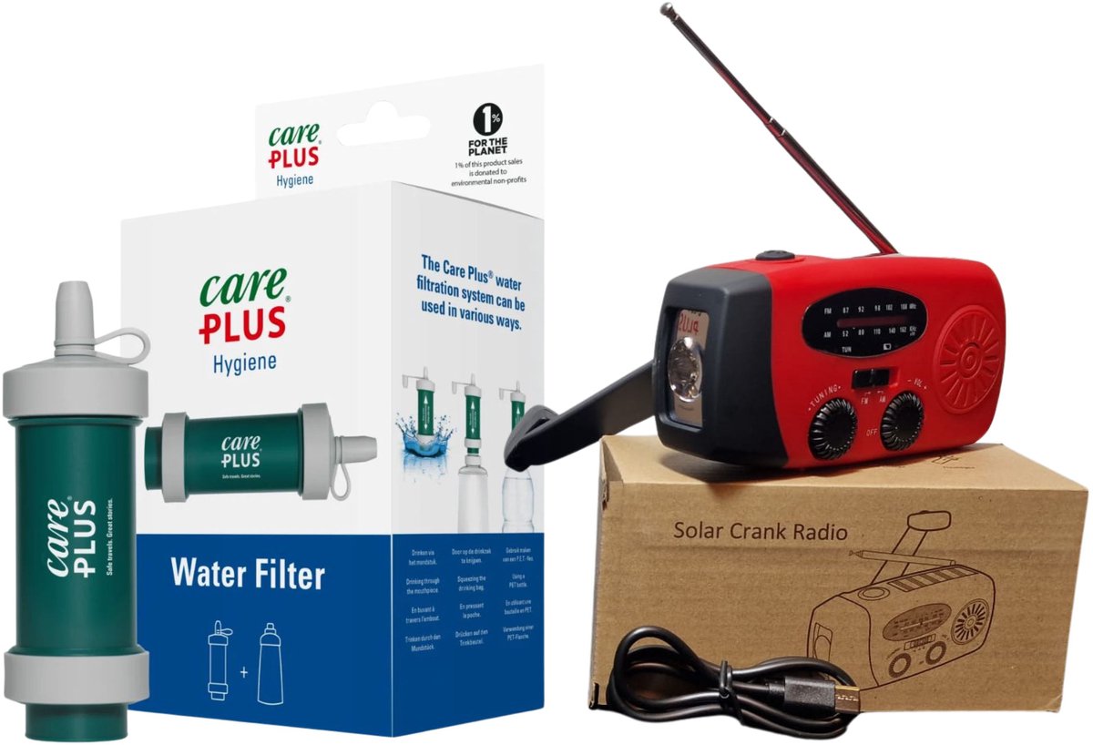 Care Plus Waterfilter met drinkzak - Noodpakket - Survival - Outdoor - Overlevingspakket - MET GRATIS NOODRADIO