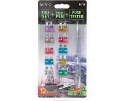 Auto Zekeringenset Met Tester – 10 Delige Steekzekering Set 3–30A – Inclusief Spanningszoeker / Fasepen – Knife Fuses Voor Auto En Car Audio – Geschikt Voor 6–12–24V – Zekeringen 19 × 13 Mm [05713]