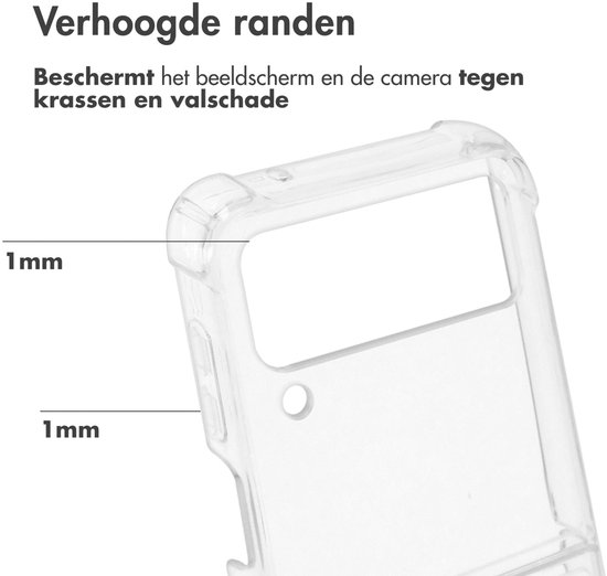 Transparant hoesje met verhoogde randen van 1mm rondom het scherm en de camera's.