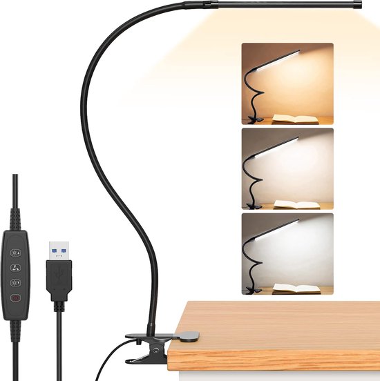 Hokone Schreibtischlampe LED Klemmbar, Dimmbar Klemmlampe mit 4 Farben und 10 Stufenlose Helligkeitsstufen, Schwanenhals Klemmleuchte Flexible 360°, Bürotischlampe Schwanenhals Lampe für Büro, Weiß