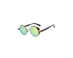 KIMU® Ronde Zonnebril Steampunk Vintage - Brons Montuur Rond - Limegroene Spiegelglazen - Retro Hippie Bruin Sixties Bronzen Groen Groene Lime Halloween