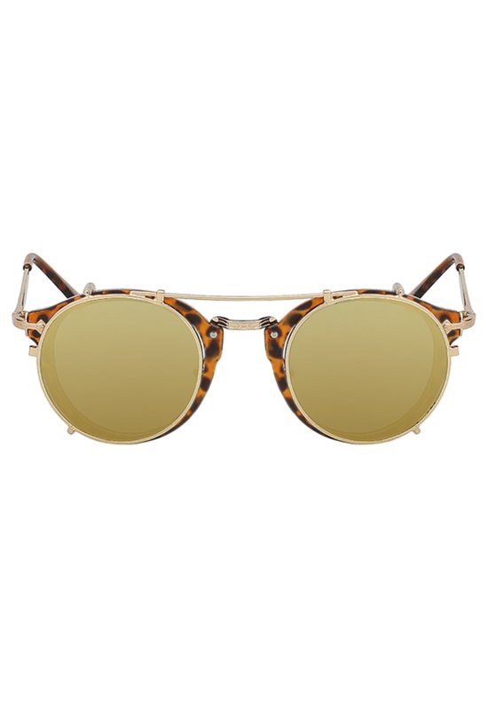 KIMU Ronde Zonnebril Clip On Steampunk - Turtoise Bruin Goud Montuur Rond - Gouden Spiegelglazen - Vintage Bruine Clipon Voorzet Festival van Merkloos — afbeelding 3