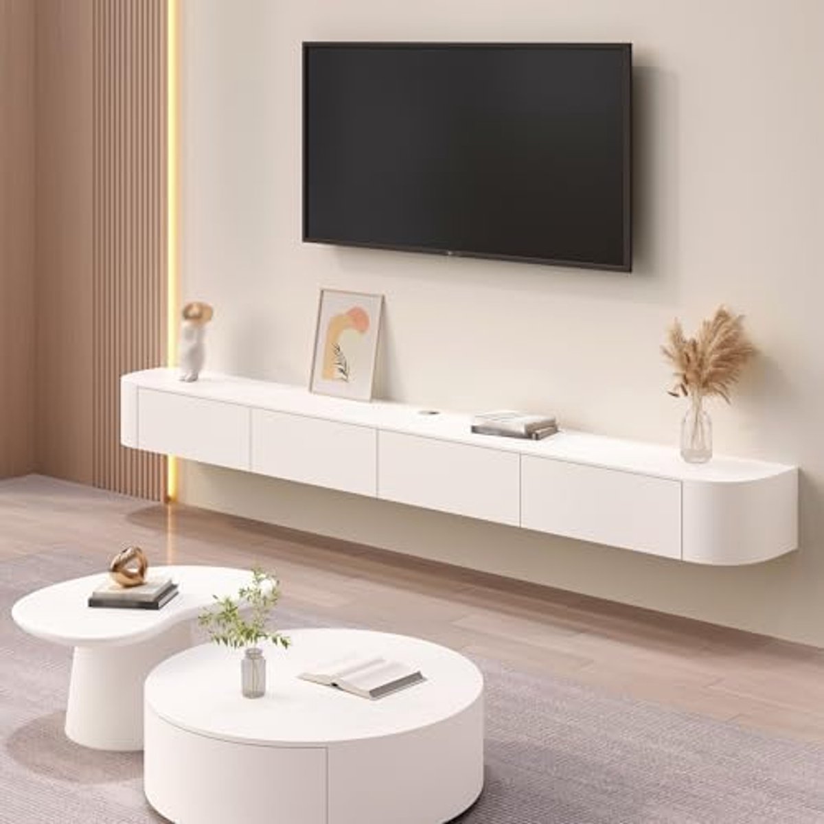 Modern Zwevend TV-Meubel met Opbergruimte | Wandmontage TV-Kast voor Woonkamer, 300 cm, Geschikt voor 75-100 inch Televisies | Hoogwaardig Massief Hout, Laden & Klapdeuren, Kabelmanagement Bellaver...