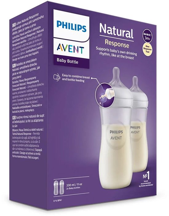 Emballage de biberons Philips Avent Natural Response avec deux biberons de 330ml, 0% BPA.