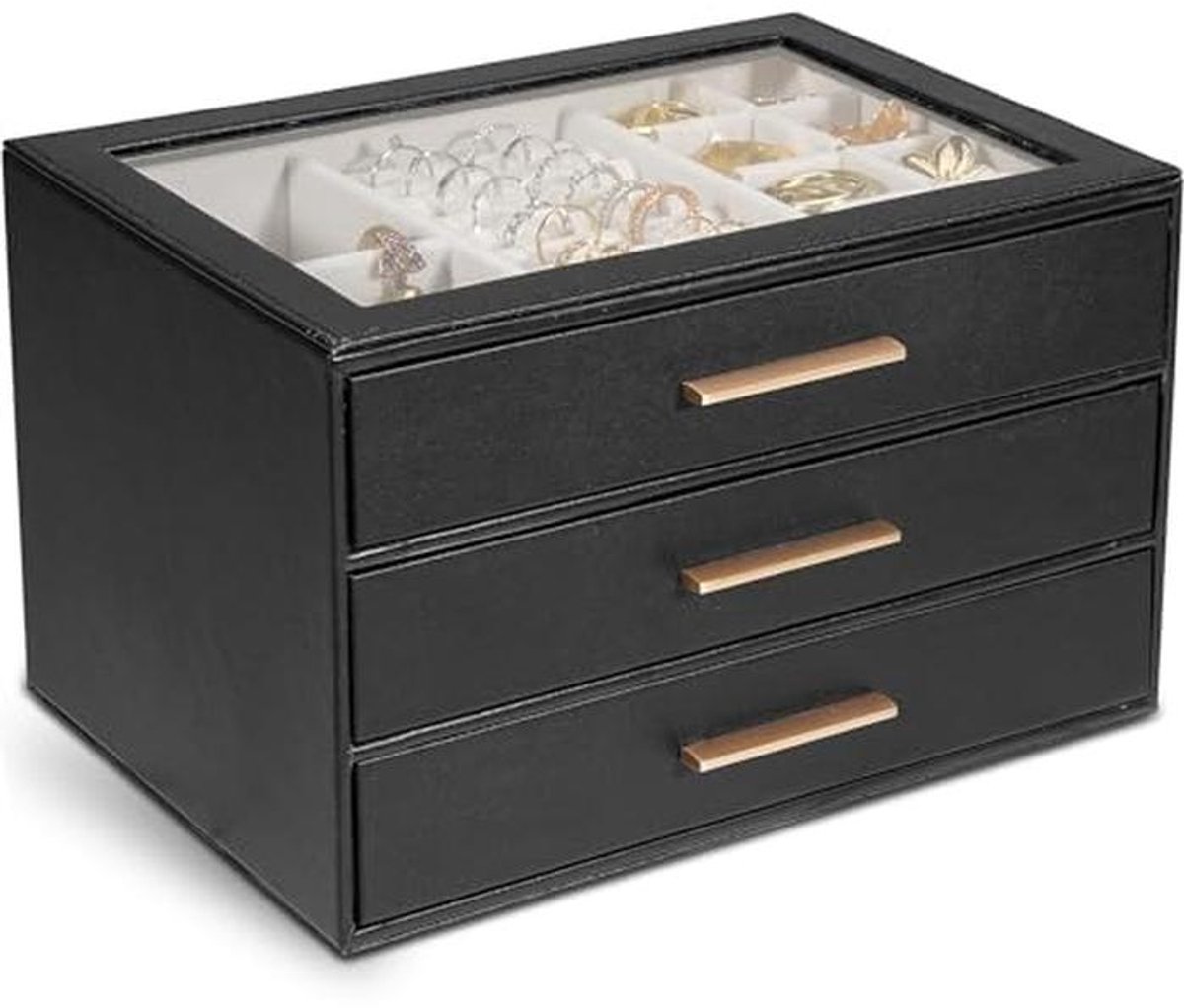 Sieradendoos met glazen deksel en 3 laden voor het opbergen van sieraden en accessoires