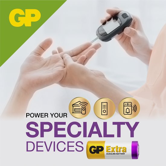 Hand test glucosemeter met GP Extra alkalinebatterij. Iconen voor afstandsbediening, afstandsbediening en deurbel.
