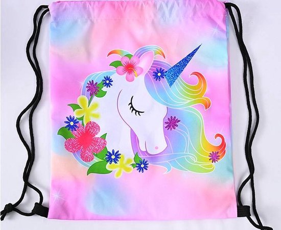 Roze gymtas met eenhoornkop, regenboogmanen en bloemenkrans.