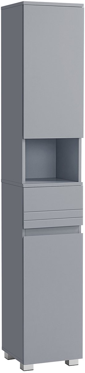 Furnstar Badkamerkast Vrijstaand – Badkamermeubel met Lade, Open Vak en Verstelbare Planken – 30 x 30 x 170 cm – Mystiek Grijs