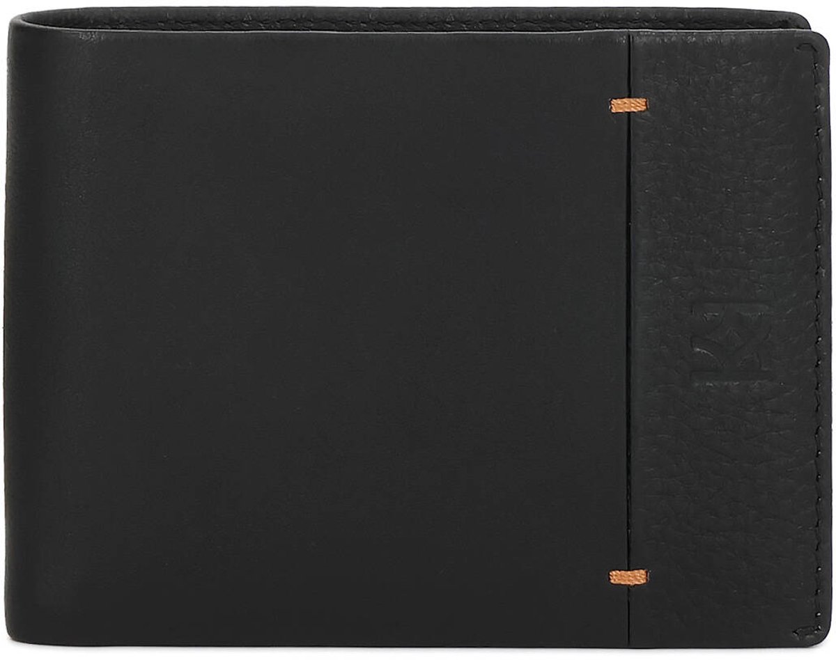 Black wallet decorated with brown threads