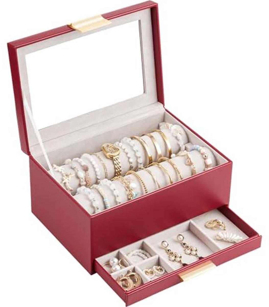 Armband Organizer Box met Deksel - Sieraden Display en Opbergkoffer voor Armbanden en Horloges in Wijnrood