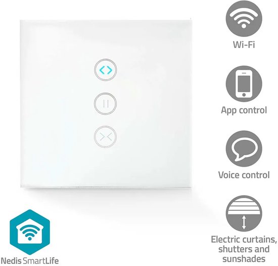 Witte smartwandschakelaar met drie touchknoppen en Wi-Fi, app- en stembediening voor elektrische gordijnen, rolluiken en zonneschermen.