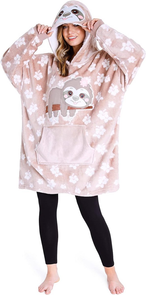 Oversized Fleece Deken met Capuchon voor Dames en Heren – Grijze Luiaard – Enorme Draagbare Knuffeldeken