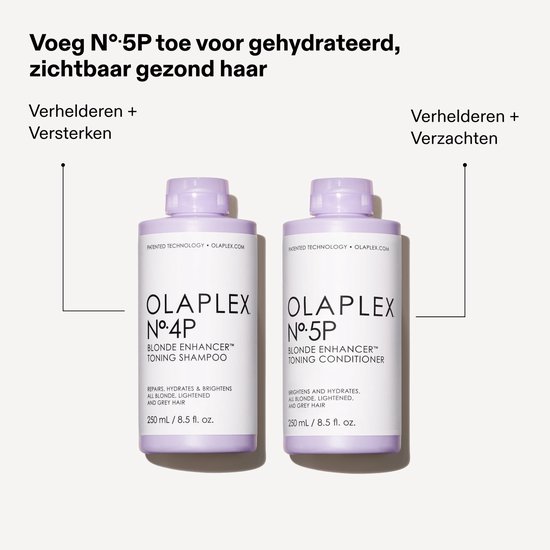 Twee flessen Olaplex No.4P en No.5P Blonde Enhancer met paarse doppen op een witte achtergrond.