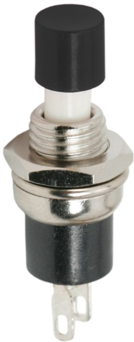 5x Zwarte Drukknop Schakelaar Rond – Inbouw Push Button OFF-(ON) – 1 Circuit 1,5A 250V – Soldeerbare Aansluitingen – Paneelmontage Met M7 Schroefdraad – Verkoopeenheid 5 Stuks [09005FK]