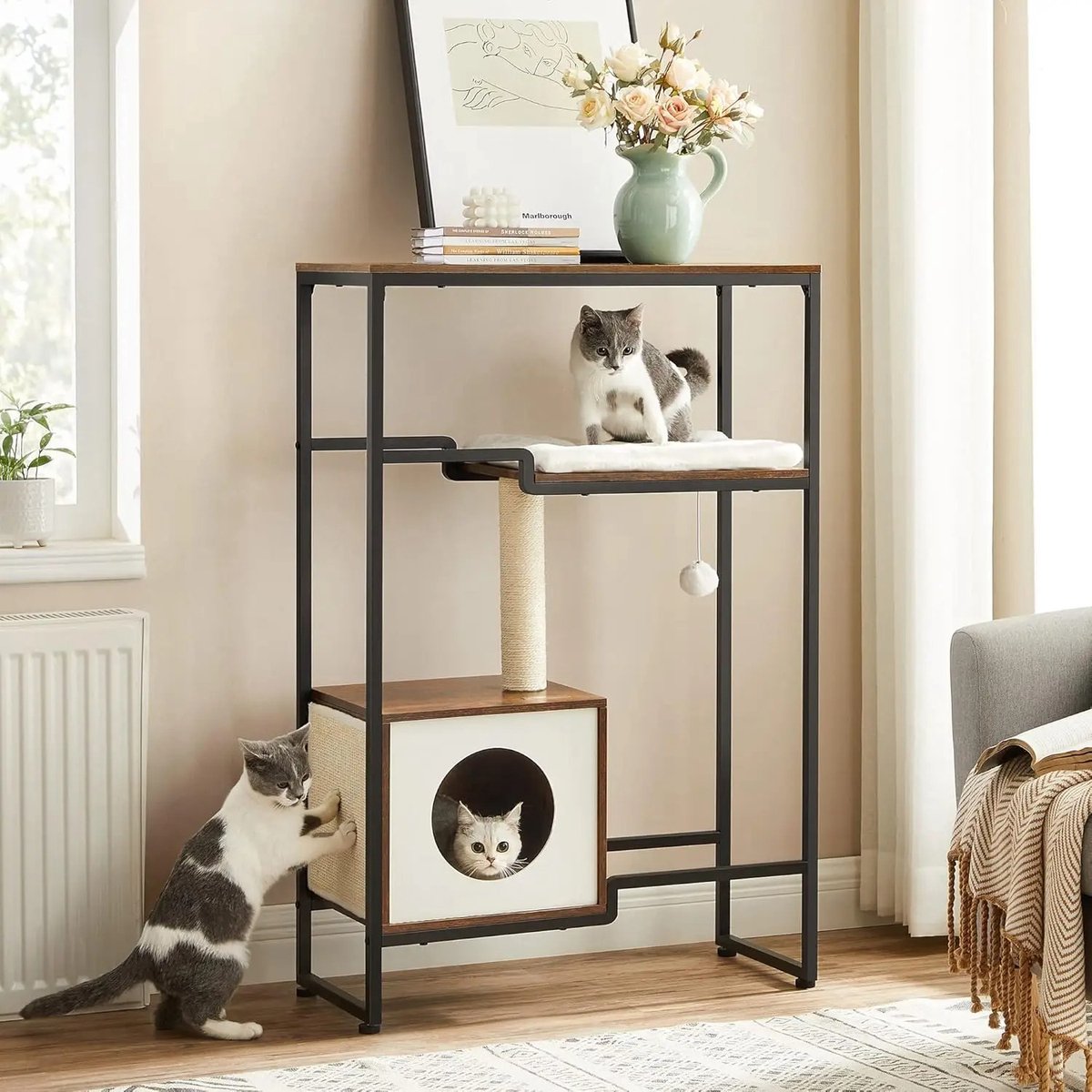 LeeuwenChoice® Katten Krabpaal Meubel - Vitrinekast Krabmeubel - Dressoir Bruin Hout Met Zwart & Beige Krabplank - Met Kattenspeeltje - Met Kattenhuis