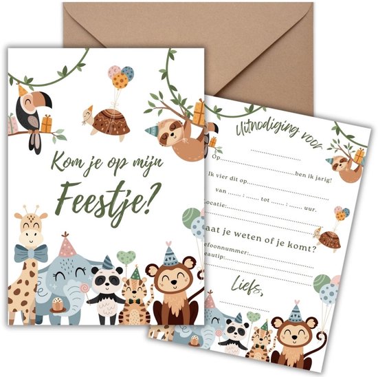 Uitnodiging Kinderfeestje 10 Kaarten + Enveloppen - Jungle – Dieren – Jongen & Meisje - Uitnodigingskaarten - Beschrijfbaar – Verjaardag Kind