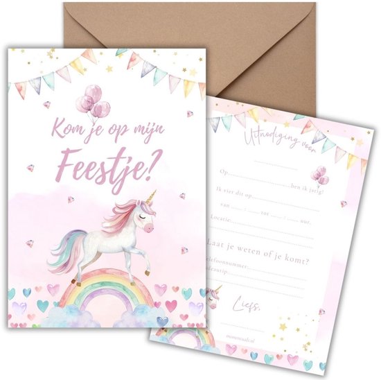 Roze uitnodigingskaart met eenhoorn op regenboog, ballonnen en slingers. Tekst: 'Kom je op mijn Feestje?'. Inclusief bruine envelop.