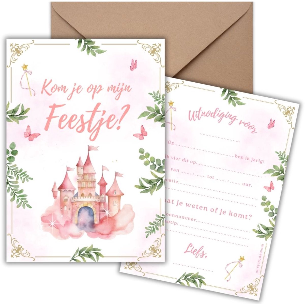 Uitnodiging Kinderfeestje 10 Kaarten + Enveloppen - Prinses - Roze – Meisje – Uitnodigingskaarten - Beschrijfbaar – Verjaardag Kind