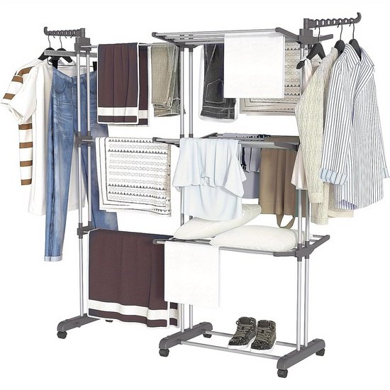 « Séchoir à 4 étages réglable avec ailes pliables et roulettes – Grand porte-vêtements en acier inoxydable pour l'intérieur et l'extérieur »