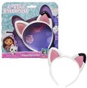 Witte kattenoren haarband met roze binnenkant, zwart accent, verpakt.