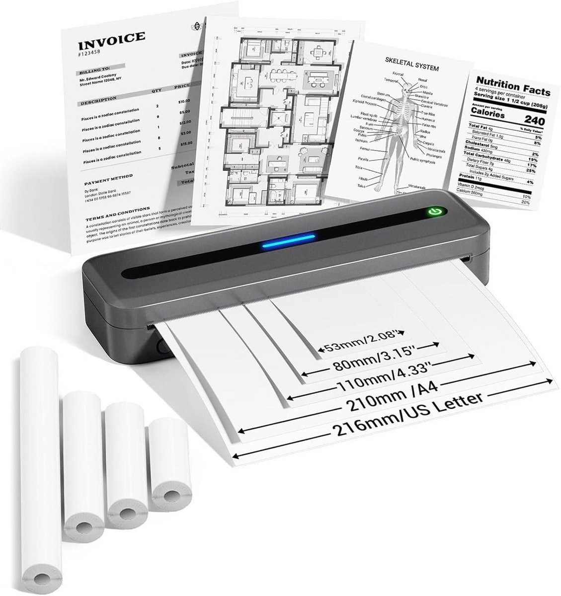 Draagbare thermoprinter A4 - mobiele printer voor onderweg met thermisch papier 300 dpi