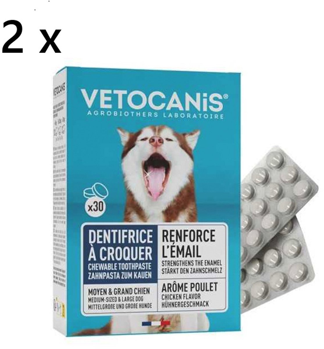 ** 2X ** Vetocanis tandpasta voor middelgrote en grote honden - kippensmaak - kauwsnack 30 st = 60 st