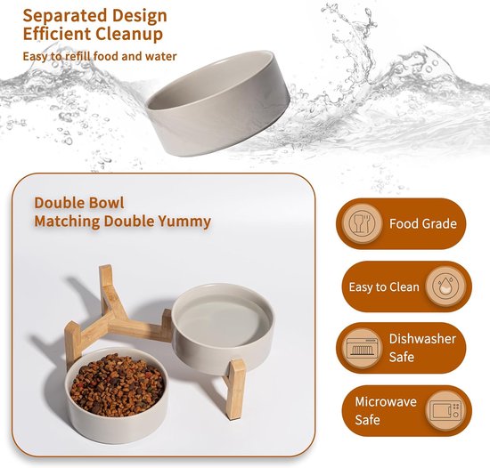 Grijze keramische voerbak met voer en water op een houten standaard. Separated design, food grade, easy to clean, dishwasher safe, microwave safe.
