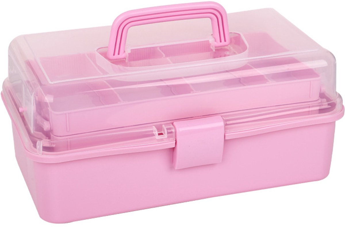 Opbergdoos - met tussenschotten - plastic - roze - 33×21×14 cm