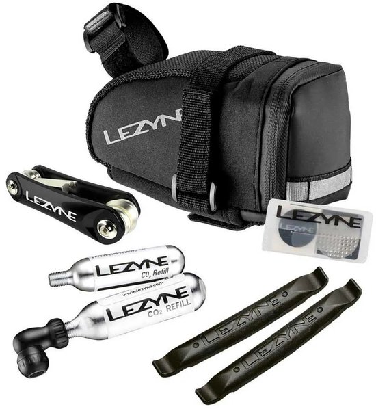 Lezyne M-Caddy CO2 Kit - Praktisch zadeltasje met complete CO2-kit - Twin Speed ​​Drive CO2 inflator, twee 16g CO2-bussen, een RAP 6 multitool en Matrix Levers Bandenlichters - 130x60x80 mm - 0.6 Liter - Nylon - Zwart