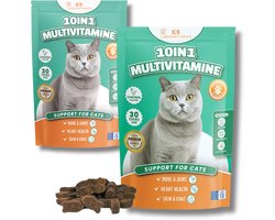 10 in 1 Multivitamine voor katten - voedingssupplement kat - voor gewrichten, weerstand, huid en vacht, spijsvertering - 100% natuurlijk - Kattensnoepjes - 60 stuks