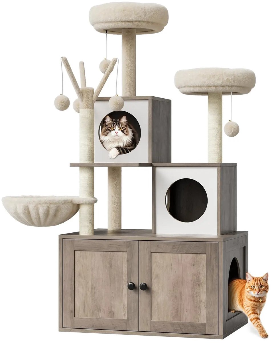 LeeuwenChoice® Luxe Kattenkrabpaal Met Kast - 2-In-1 Kattenboom Met Kattenspeeltjes - Kattenspeelgoed - 62x38x137cm