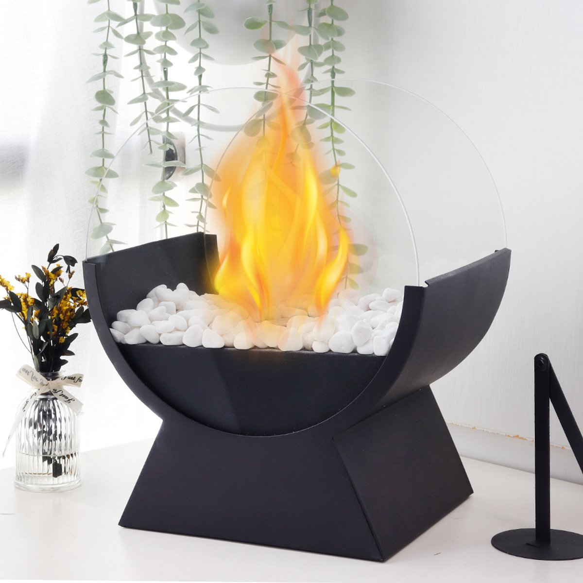 JHY DESIGN Bio Ethanol Sfeerhaard - Grote Tafelhaard - Bio-Ethanol Haarden - Binnen & Buiten - Met Decoratieve Stenen - 34 cm Hoog