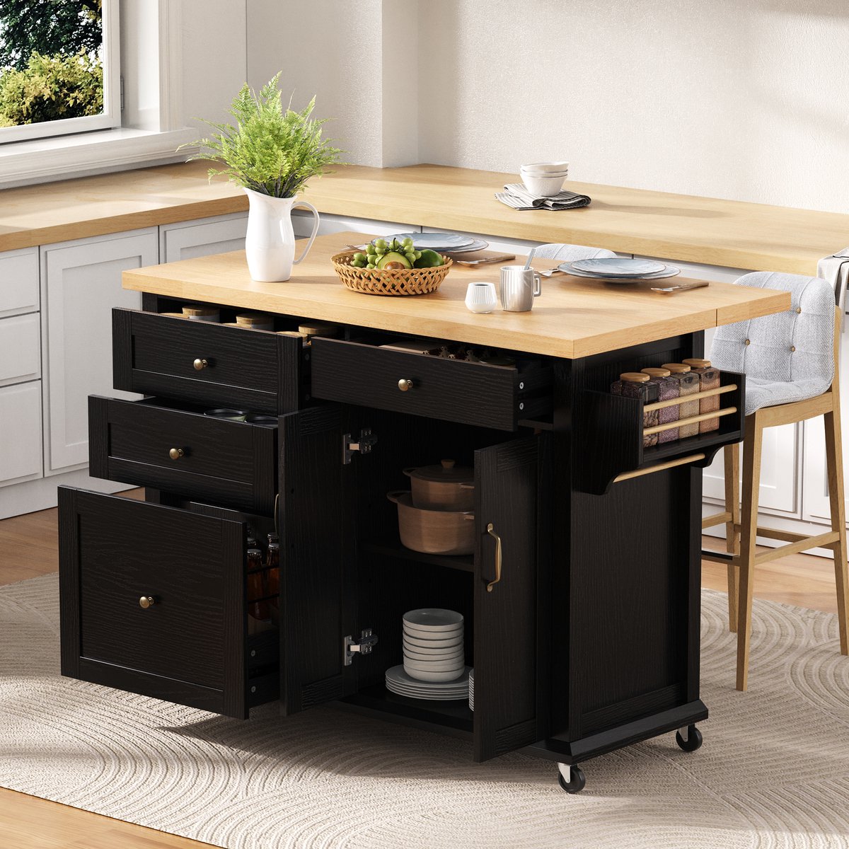 HAUSS SPOLE Keukenwagen Mobiel Keukeneiland Uitschuifbaar Werkblad 9-Vak Lade 2 Deuren Meerdere Laden Opslag MDF 107x45-70x90.5 cm Zwart/Naturel