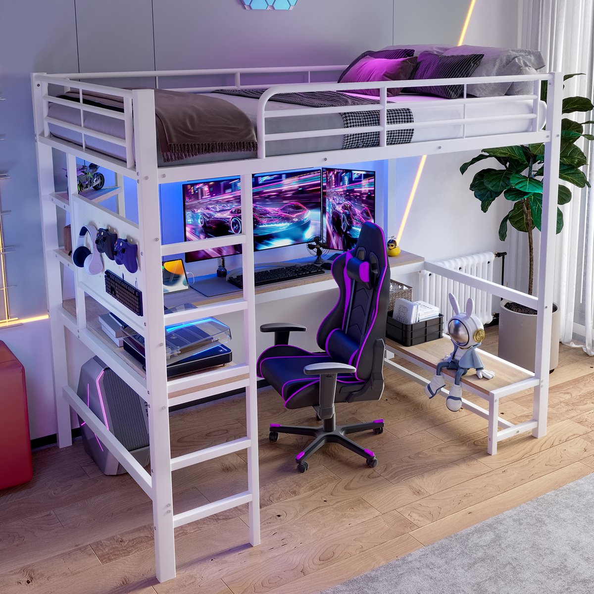 HAUSS SPOLE Hoogslaper 90x200cm - Bureau En Opberging - LED En USB-C - Studentenkamer Met Trap En Leuning - Metaal/MDF - Wit - Zonder Matras
