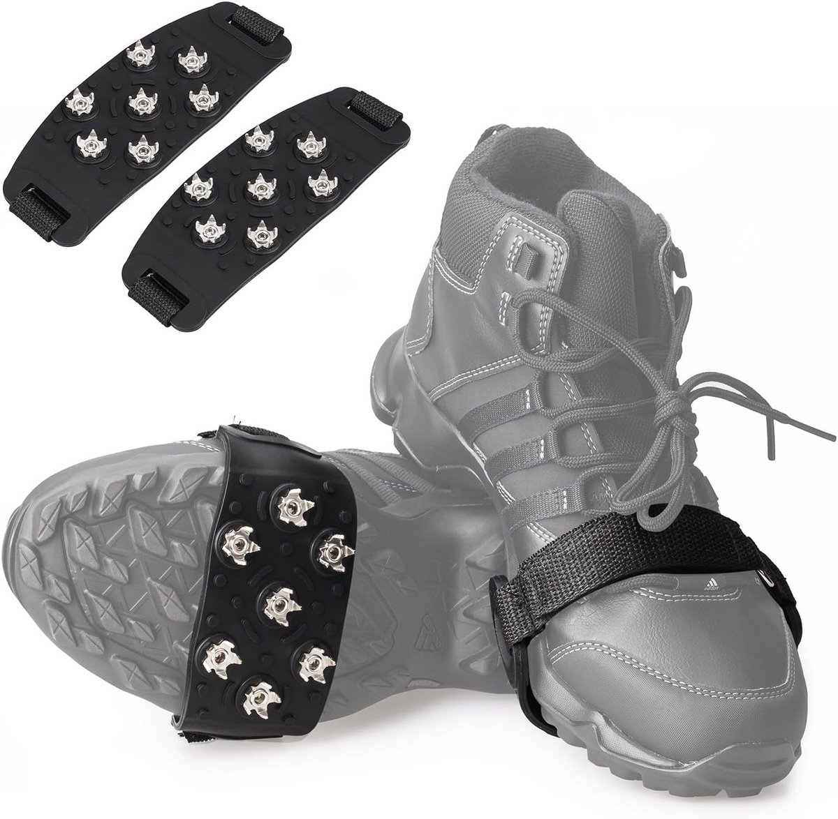 MDUG Antislip sneeuwschoenzool 1 paar 7-punts ontwerp Afmeting 16×6 cm Sterke grip Stijgijzers speciaal ontworpen voor wandelschoenen Geschikt voor wandelen trekken bergbeklimmen en andere sporten in besneeuwde omstandigheden Zwart