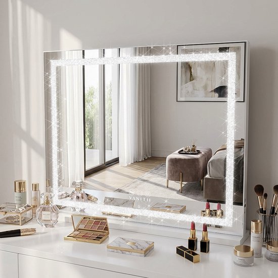 VANITII Hollywood Make-up Spiegel met Verlichting -Drie Dimmende Standen -Met USB Oplaadpoort -10x Afneembaar Vergrootglas - Crystal Diamond Light Strip -80 x 58CM WIT