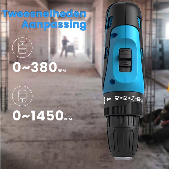 Blauwe en zwarte accu boormachine met aanduiding voor snelheidsinstellingen 0-380 RPM en 0-1450 RPM.