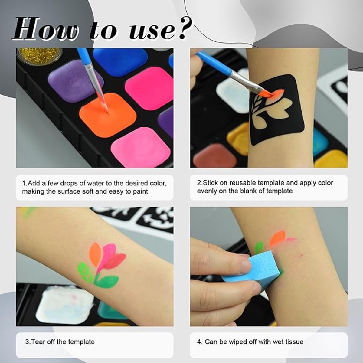 Schminkset Kinderen 15 kleuren-Veilig Schmink Kinderen -15 kleuren & 3 penselen & 4 sjablonen & diamantstickers op waterbasis- veiligheidscertificering- Schminkset - Make up Kinderen - Face paint - Grime Schmink - Kinderschmink voor mooi grimas — afbeelding 6