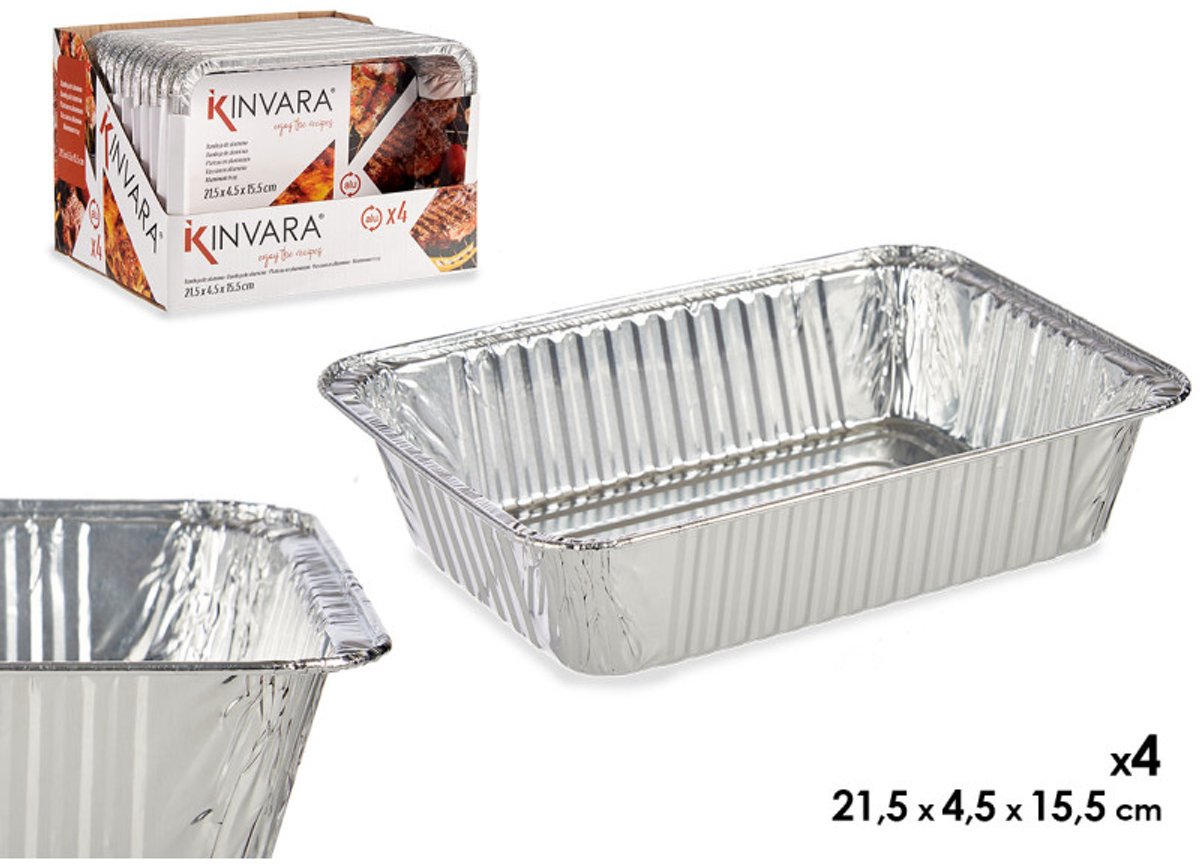 Kinvara Aluminiumbakje - Set van 4 - 21,5x15,5x4,5cm - Kapsalon Bakje - Prep Meal - Take Away - Wegwerp Aluminium Bakjes
