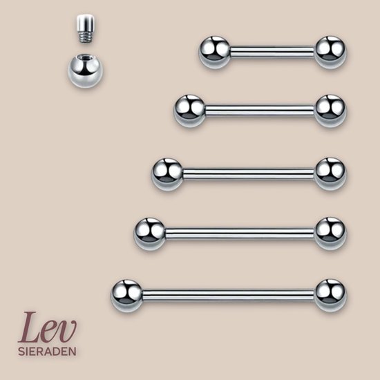 Bijoux Lev - Couleur argent - Piercing langue - Barbell - Barre de 14 mm, fil de 1,6 mm d'épaisseur, billes de 5 mm - Acier chirurgical - Piercing langue - Piercing téton