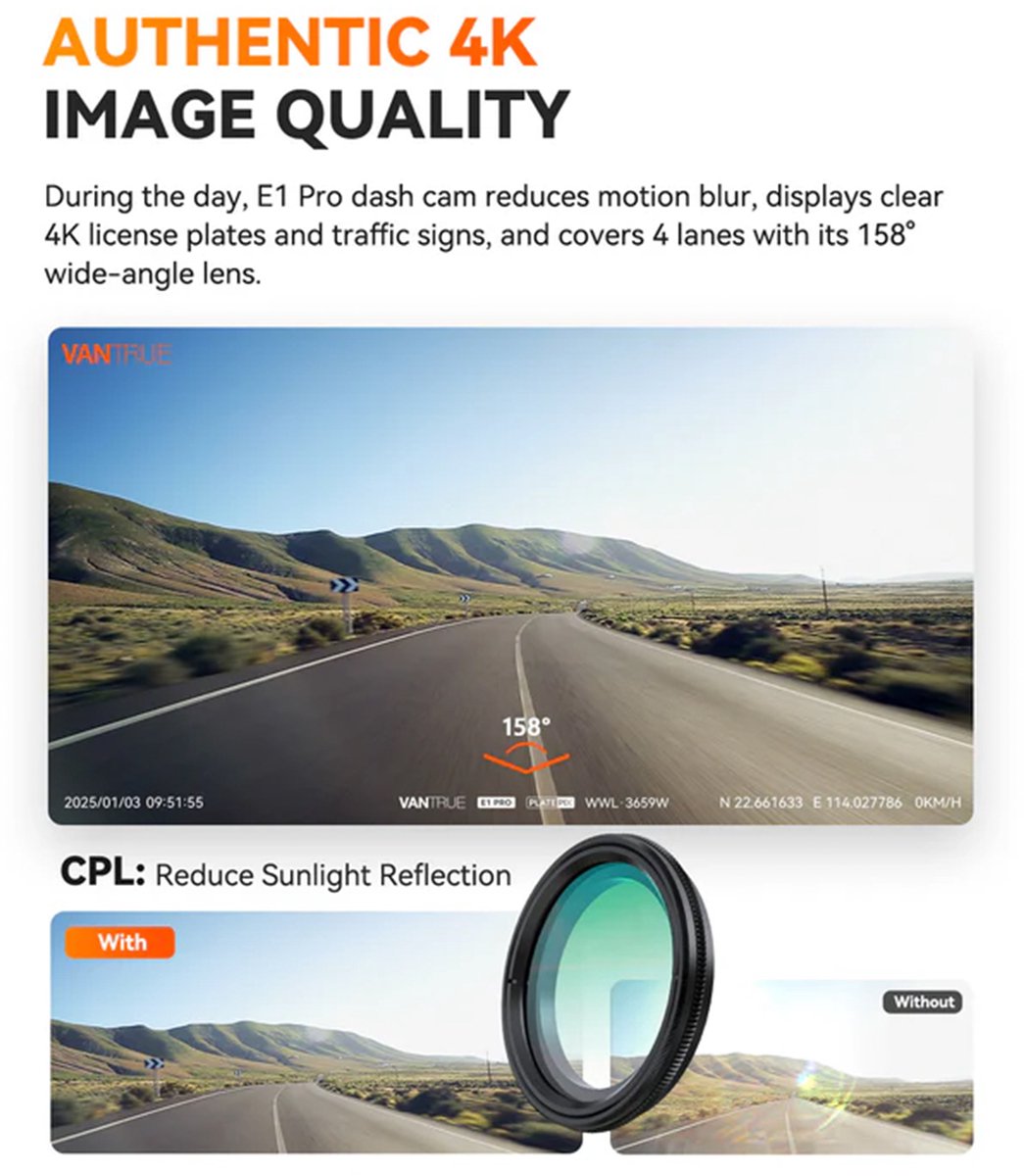 VANTRUE E1 Pro 4K Mini Dash Cam Voorkant, STARVIS 2 Plate Pix™ HDR Nachtzicht Autocamera, 5G WiFi GPS, 1,54'' scherm, LTE,Spraakbesturing, 24H Gebufferde Parkeermodus thumbnail 2