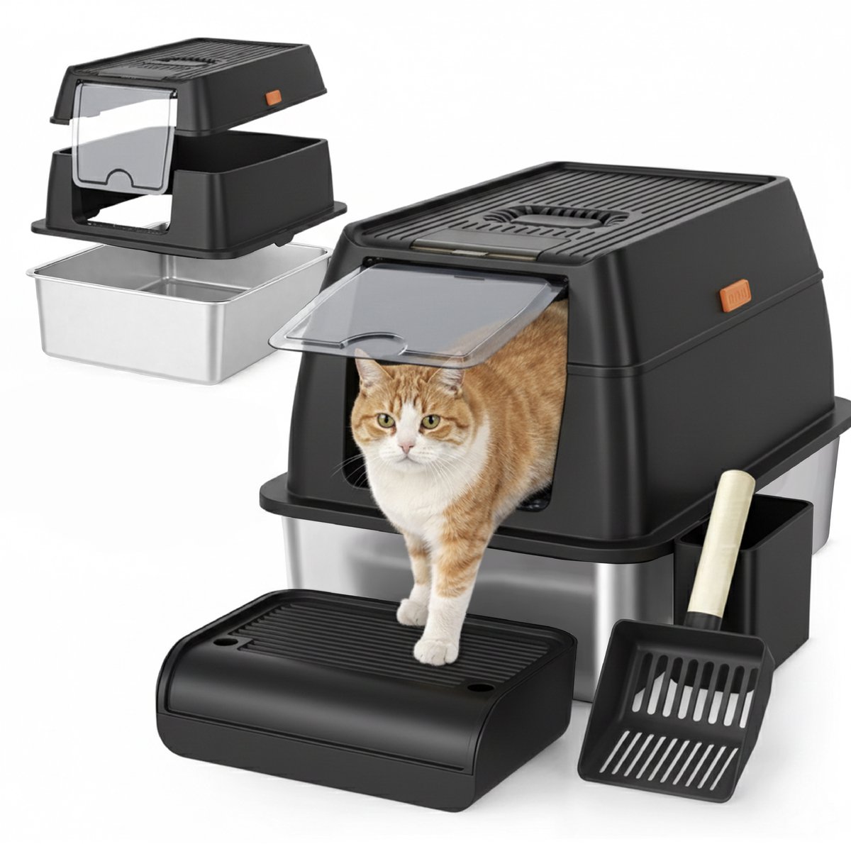 ADSafety Kattenbak RVS - Kattentoilet Roestvrijstaal - Incl. Kattenbakschep met Houder en Gritopvang Opstapje - 2 in 1 Open Kattenbak met Afneembare Deksel - 60x40x38cm - Zwart van ADSafety