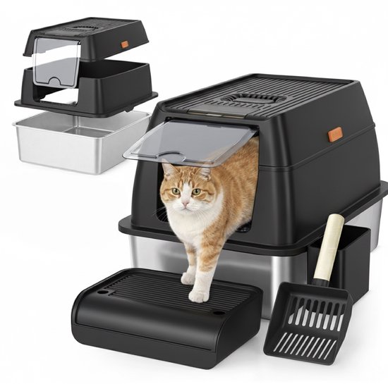 ADSafety Kattenbak RVS - Kattentoilet Roestvrijstaal - Incl. Kattenbakschep met Houder en Gritopvang Opstapje - 2 in 1 Open Kattenbak met Afneembare Deksel - 60x40x38cm - Zwart