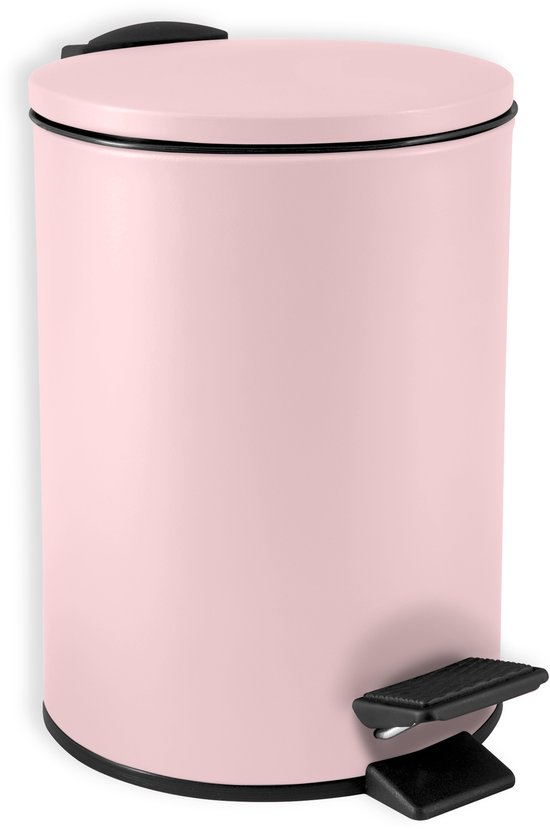 Mat roze pedaalemmer met zwarte rand en zwart deksel.