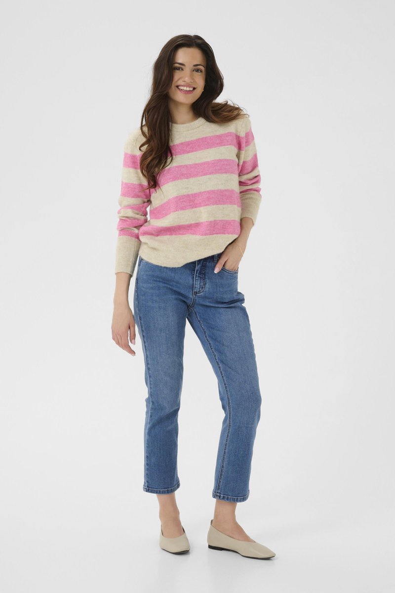 Kaffe KAniel Striped Pullover Dames Trui - Feather Gray Mel/Pink melange